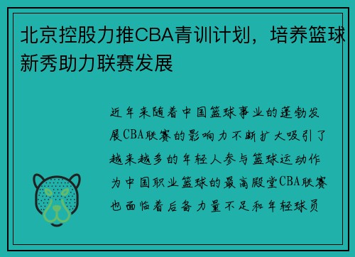 北京控股力推CBA青训计划，培养篮球新秀助力联赛发展