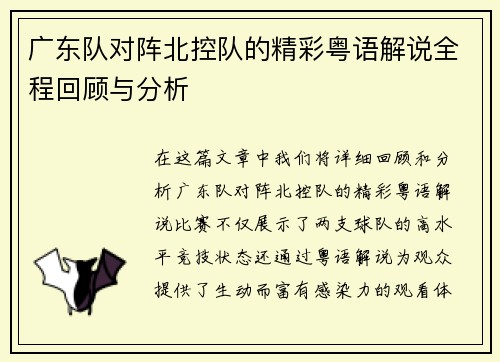 广东队对阵北控队的精彩粤语解说全程回顾与分析